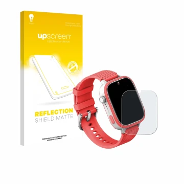 Face avant d’un emballage produit avec le logo de la marque upscreen. À côté, l’appareil AngelTech Kids Smartwatch Ultra 1.83