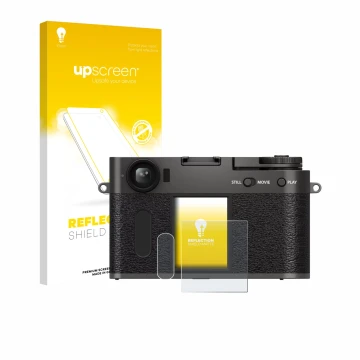 Face avant d’un emballage produit avec le logo de la marque upscreen. À côté, l’appareil Fujifilm X Half X-HF1 est représenté 