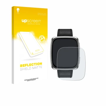 Face avant d’un emballage produit avec le logo de la marque upscreen. À côté, l’appareil Amazfit Active 2 (rectangulaire) est 