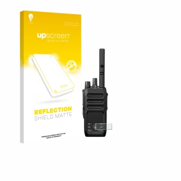 Face avant d’un emballage produit avec le logo de la marque upscreen. À côté, l’appareil Motorola MOTOTRBO R5 est représenté a