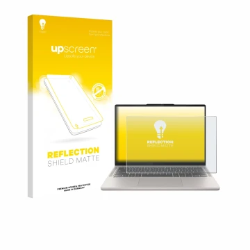 Face avant d’un emballage produit avec le logo de la marque upscreen. À côté, l’appareil Lenovo Chromebook Plus 14 est représe