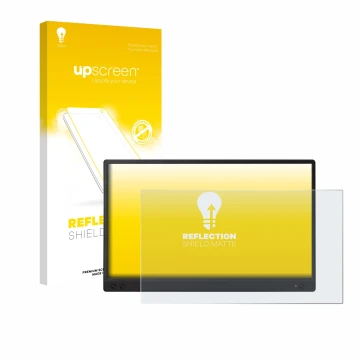 Face avant d’un emballage produit avec le logo de la marque upscreen. À côté, l’appareil ASUS ZenScreen MB166C est représenté 