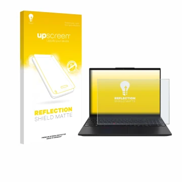 Face avant d’un emballage produit avec le logo de la marque upscreen. À côté, l’appareil Lenovo ThinkPad L16 Gen 2 est représe