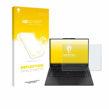 Face avant d’un emballage produit avec le logo de la marque upscreen. À côté, l’appareil Lenovo ThinkPad T14s 2-in-1 est repré