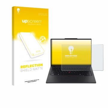 Face avant d’un emballage produit avec le logo de la marque upscreen. À côté, l’appareil Lenovo ThinkPad T14 Gen 6 est représe