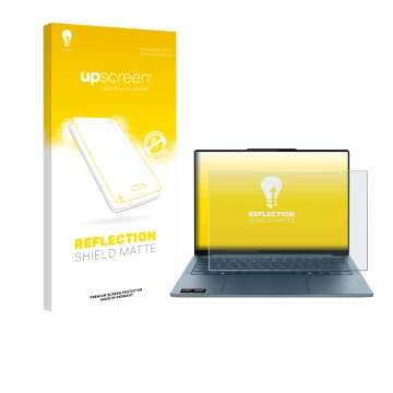Face avant d’un emballage produit avec le logo de la marque upscreen. À côté, l’appareil Lenovo Yoga Slim 7 Gen 10 14