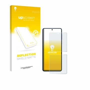 Face avant d’un emballage produit avec le logo de la marque upscreen. À côté, l’appareil Samsung Galaxy Z Flip 7 est représent