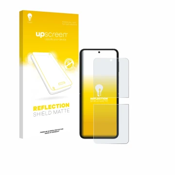 Face avant d’un emballage produit avec le logo de la marque upscreen. À côté, l’appareil Samsung Galaxy Z Flip 7 FE est représ