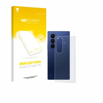 Face avant d’un emballage produit avec le logo de la marque upscreen. À côté, l’appareil Samsung Galaxy Z Fold 7 (Arrière) est