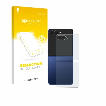 Face avant d’un emballage produit avec le logo de la marque upscreen. À côté, l’appareil Samsung Galaxy Z Flip 7 (Arrière) est