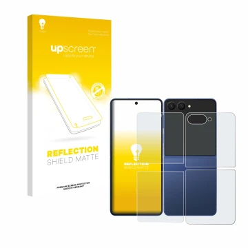 Face avant d’un emballage produit avec le logo de la marque upscreen. À côté, l’appareil Samsung Galaxy Z Flip 7 (Avant+Arrièr