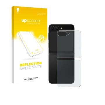 Face avant d’un emballage produit avec le logo de la marque upscreen. À côté, l’appareil Samsung Galaxy Z Flip 7 FE (Arrière) 