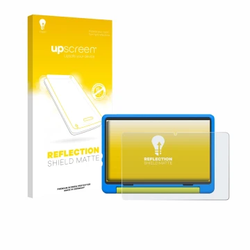 Face avant d’un emballage produit avec le logo de la marque upscreen. À côté, l’appareil Happybe Kids Tablet 10