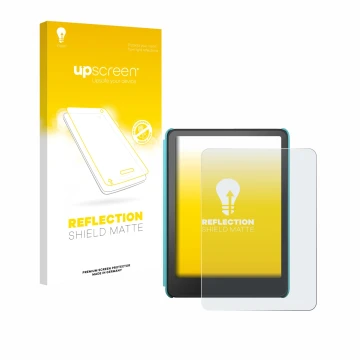 Face avant d’un emballage produit avec le logo de la marque upscreen. À côté, l’appareil Amazon Kindle Colorsoft Kids est repr