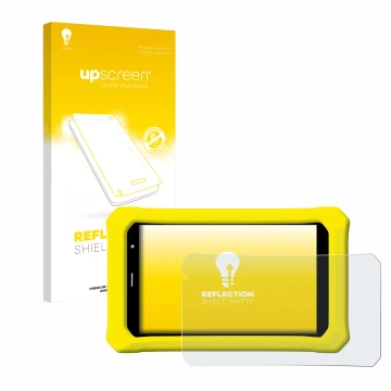 Face avant d’un emballage produit avec le logo de la marque upscreen. À côté, l’appareil Clementoni Clempad 8