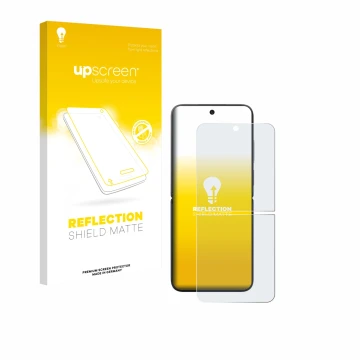 Face avant d’un emballage produit avec le logo de la marque upscreen. À côté, l’appareil Xiaomi MIX Flip est représenté avec l