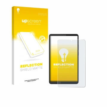 Face avant d’un emballage produit avec le logo de la marque upscreen. À côté, l’appareil Lenovo Tab One 8.7