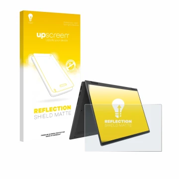 Face avant d’un emballage produit avec le logo de la marque upscreen. À côté, l’appareil Lenovo IdeaPad Flex 5 14ALC05 est rep