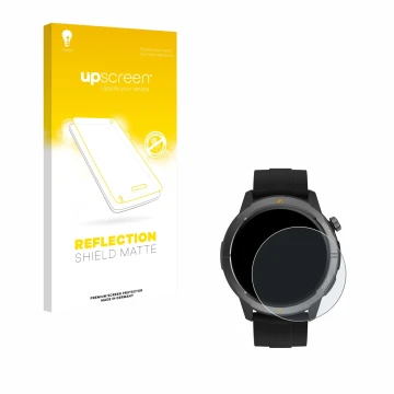 Face avant d’un emballage produit avec le logo de la marque upscreen. À côté, l’appareil AGM Legion Watch 1.43