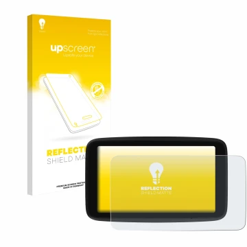 Face avant d’un emballage produit avec le logo de la marque upscreen. À côté, l’appareil TomTom GO Classic 6