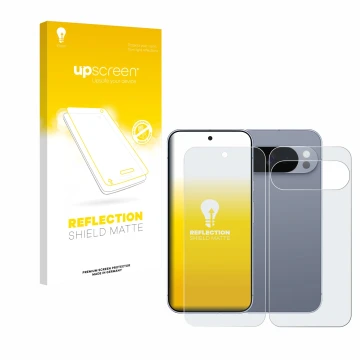 Face avant d’un emballage produit avec le logo de la marque upscreen. À côté, l’appareil Google Pixel 10 Pro (Avant+Arrière) e