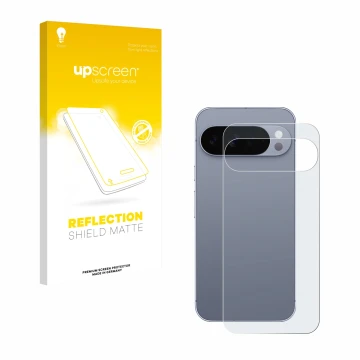 Face avant d’un emballage produit avec le logo de la marque upscreen. À côté, l’appareil Google Pixel 10 Pro XL (Arrière) est 