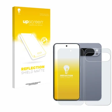 Face avant d’un emballage produit avec le logo de la marque upscreen. À côté, l’appareil Google Pixel 10 Pro XL (Avant+Arrière