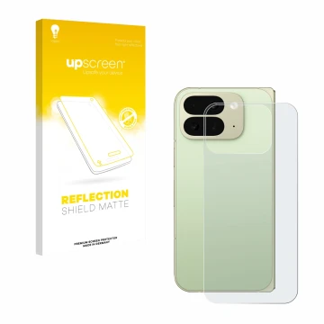 Face avant d’un emballage produit avec le logo de la marque upscreen. À côté, l’appareil Google Pixel 10 Pro Fold (Arrière) es