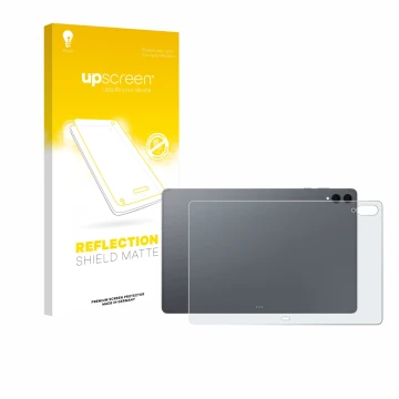 Face avant d’un emballage produit avec le logo de la marque upscreen. À côté, l’appareil Samsung Galaxy Tab S11 Ultra (Arrière