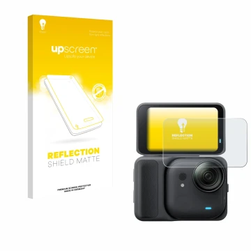 Face avant d’un emballage produit avec le logo de la marque upscreen. À côté, l’appareil Insta360 Go Ultra est représenté avec
