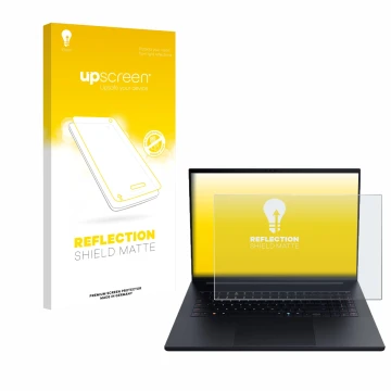 Face avant d’un emballage produit avec le logo de la marque upscreen. À côté, l’appareil Razer Blade 18 2025 est représenté av