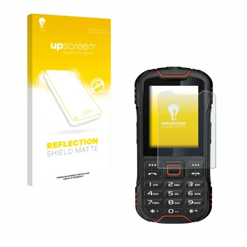 Face avant d’un emballage produit avec le logo de la marque upscreen. À côté, l’appareil Gigaset GLX8 est représenté avec la p