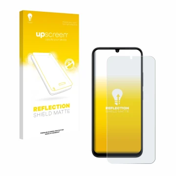 Face avant d’un emballage produit avec le logo de la marque upscreen. À côté, l’appareil Xiaomi Redmi 15C est représenté avec 