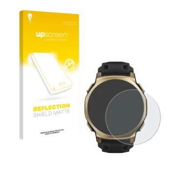 Face avant d’un emballage produit avec le logo de la marque upscreen. À côté, l’appareil Huami Amazfit T-Rex 3 Pro (44 mm) est