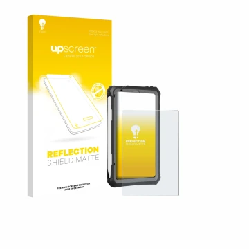 Face avant d’un emballage produit avec le logo de la marque upscreen. À côté, l’appareil Apple iPad Mini 7 2024 (case-friendly