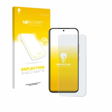 Face avant d’un emballage produit avec le logo de la marque upscreen. À côté, l’appareil Nubia Air est représenté avec la prot