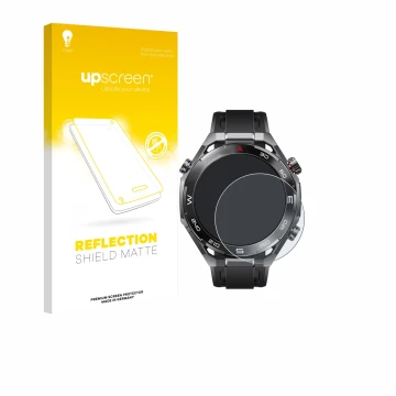 Face avant d’un emballage produit avec le logo de la marque upscreen. À côté, l’appareil Huawei Watch Ultimate 2 Black est rep
