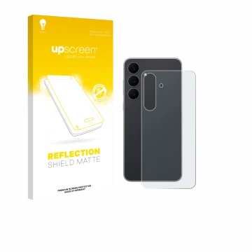 Face avant d’un emballage produit avec le logo de la marque upscreen. À côté, l’appareil Samsung Galaxy S25 FE Enterprise Edit