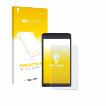 Face avant d’un emballage produit avec le logo de la marque upscreen. À côté, l’appareil Vasco Translator Q1 est représenté av