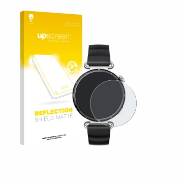 Face avant d’un emballage produit avec le logo de la marque upscreen. À côté, l’appareil Huawei Watch GT 6 (41 mm) est représe