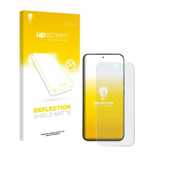 Face avant d’un emballage produit avec le logo de la marque upscreen. À côté, l’appareil Xiaomi 17 est représenté avec la prot