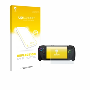 Face avant d’un emballage produit avec le logo de la marque upscreen. À côté, l’appareil ASUS ROG Ally X 2025 est représenté a