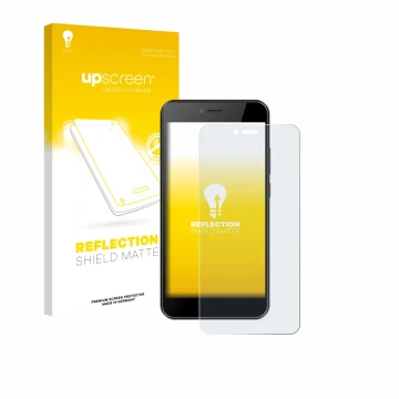 Face avant d’un emballage produit avec le logo de la marque upscreen. À côté, l’appareil HTC Wildfire E5 Life est représenté a