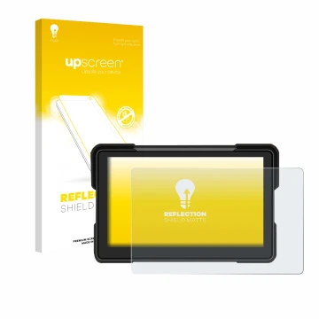 Face avant d’un emballage produit avec le logo de la marque upscreen. À côté, l’appareil Airpuxem Motorrad Carplay 7