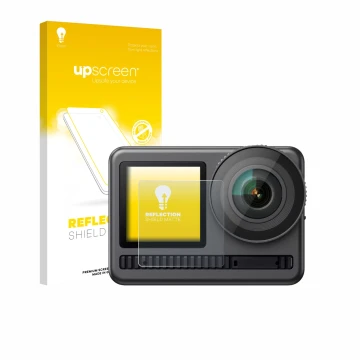 Face avant d’un emballage produit avec le logo de la marque upscreen. À côté, l’appareil Akaso Brave 8 (Affichage avant) est r