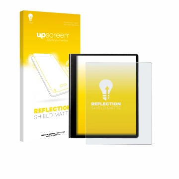 Face avant d’un emballage produit avec le logo de la marque upscreen. À côté, l’appareil eazeye Paper 2.0 est représenté avec 