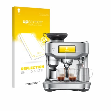 Face avant d’un emballage produit avec le logo de la marque upscreen. À côté, l’appareil Sage the Oracle Dual Boiler est repré