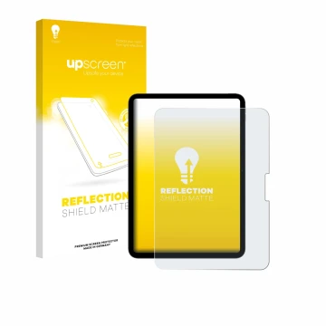 Face avant d’un emballage produit avec le logo de la marque upscreen. À côté, l’appareil Apple iPad Pro 11