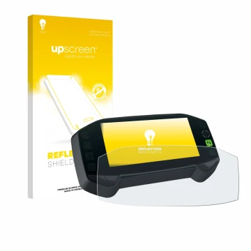 Face avant d’un emballage produit avec le logo de la marque upscreen. À côté, l’appareil Suzuki DR-Z4S 2025 est représenté ave