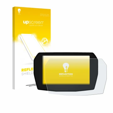 Face avant d’un emballage produit avec le logo de la marque upscreen. À côté, l’appareil Ducati Panigale V2 2025 est représent